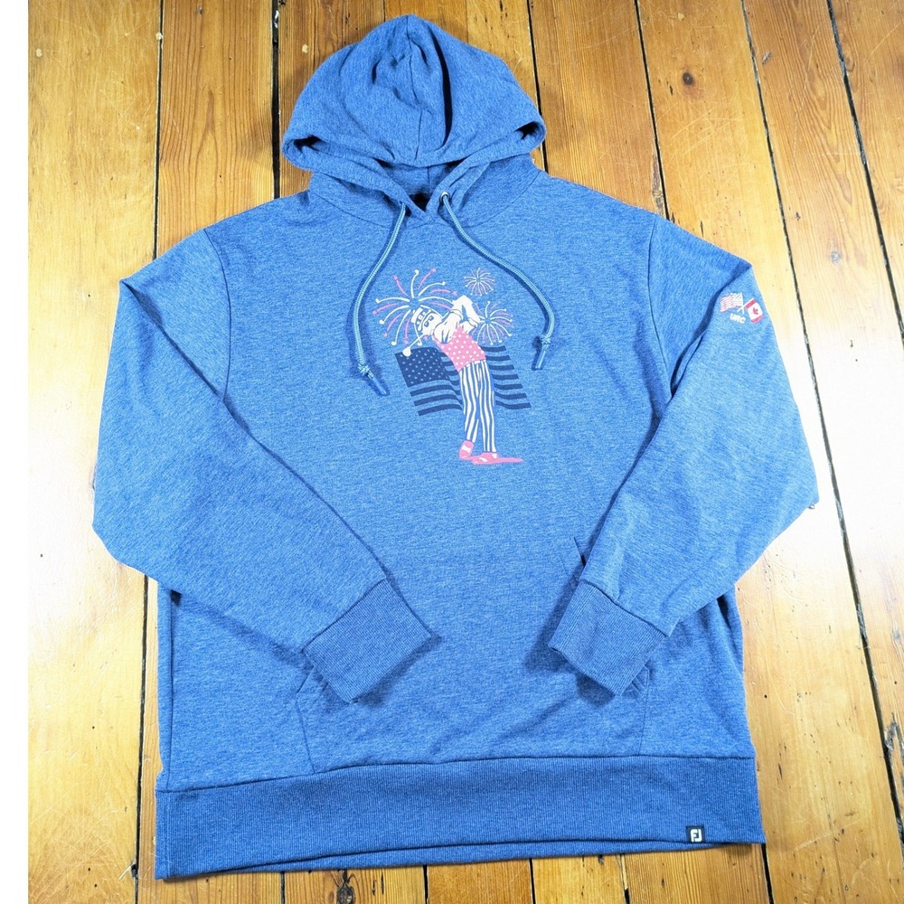 FootJoy URC Men's Large Hoodie Blue‎ Golf Bear Graphic USA Canada Flag